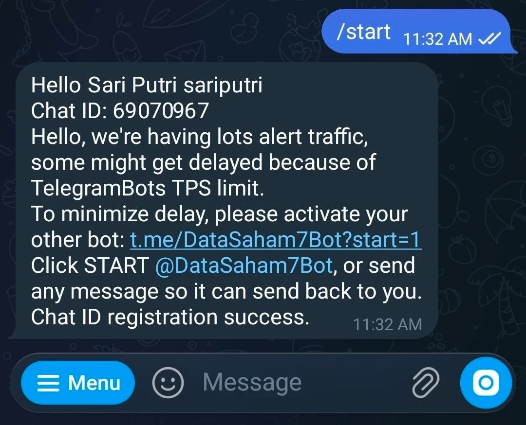 Balasan DataSahamBot atas /start, berisi tautan ke bot pribadi