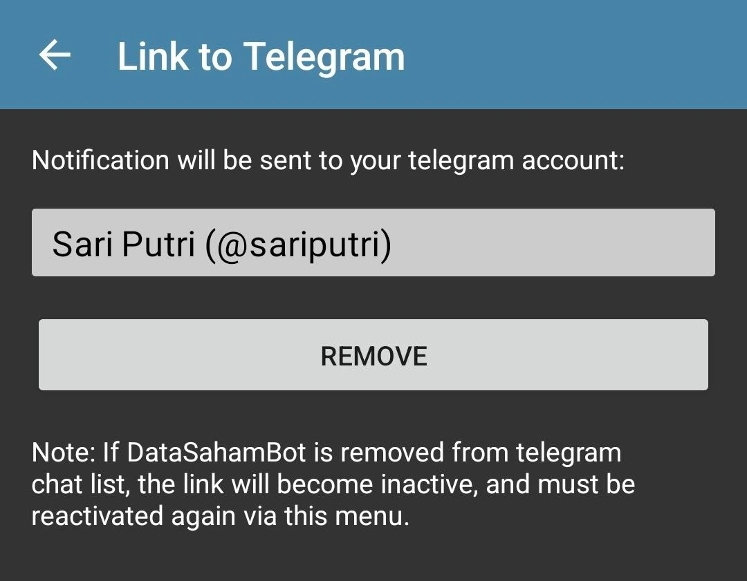 Layar Link to Telegram setelah terhubung